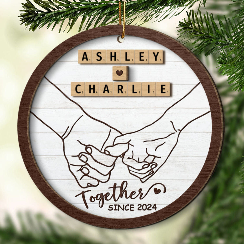 Hand In Hand Couple Wooden Blocks Christmas Personalized 2-Layer Wooden Ornament, Christmas Gift For Him, For Her