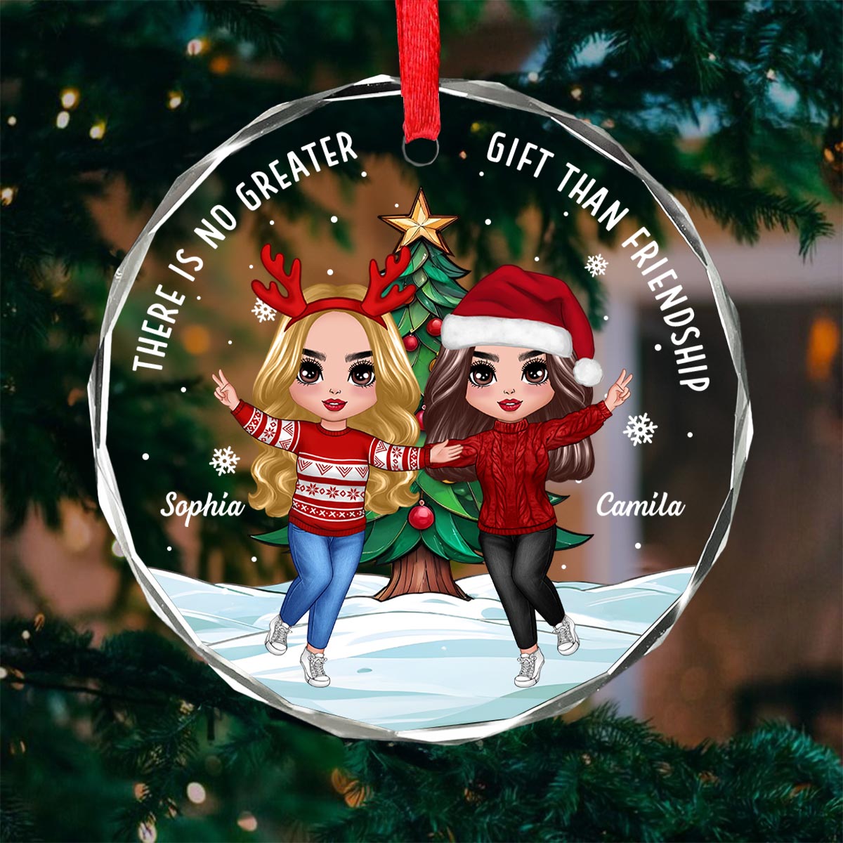 Happy Besties And Christmas Tree Personalized Glass Ornament, Christmas Gift For Him, For Her