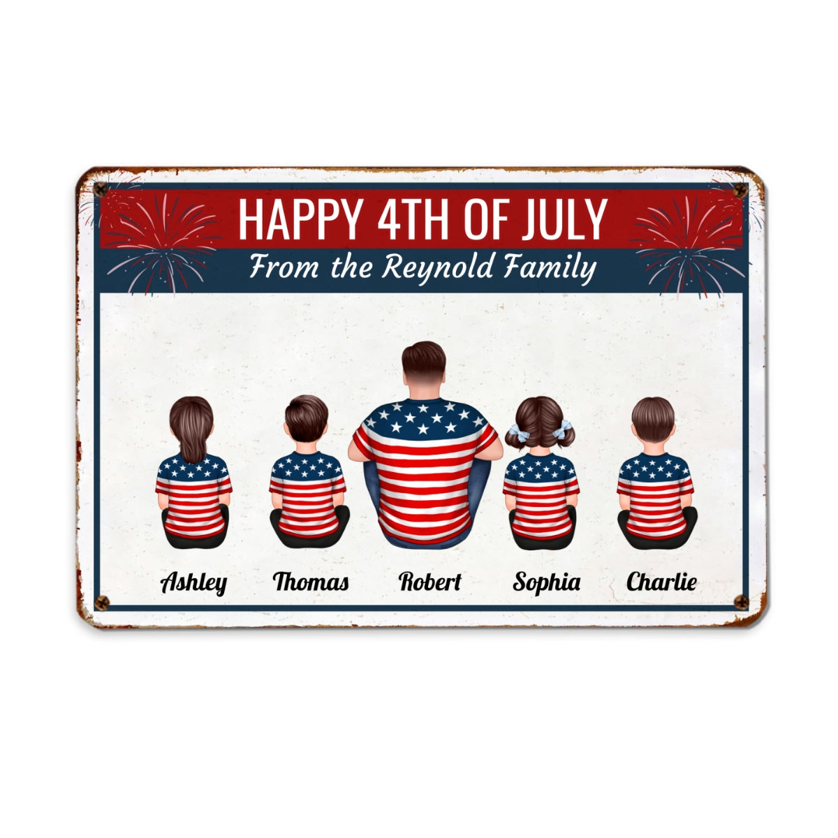 Happy 4th Of July Independence Day Back View Family Couple Kid Dog Cat Personalized Metal Sign