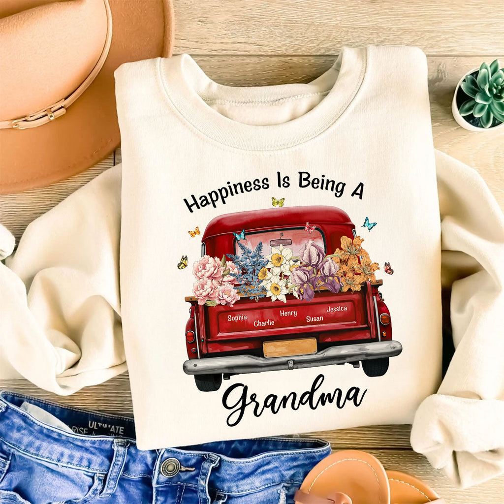 Happiness Is Being A Grandma Mom Birth Month Flowers Truck Personalized Shirt, Mother's Day gift for Moms, Grandmas