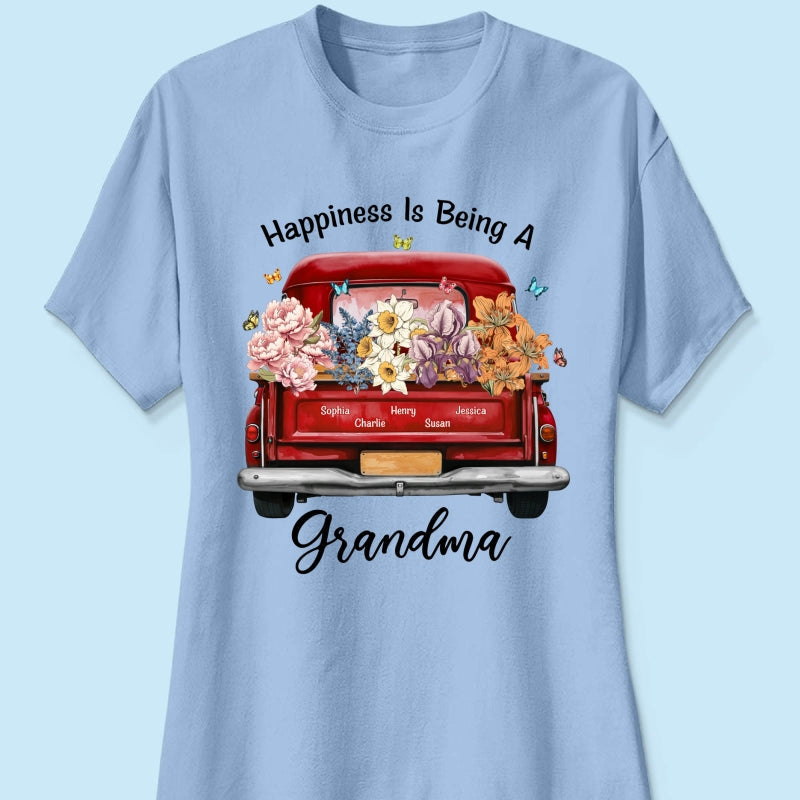 Happiness Is Being A Grandma Mom Birth Month Flowers Truck Personalized Shirt, Mother's Day gift for Moms, Grandmas