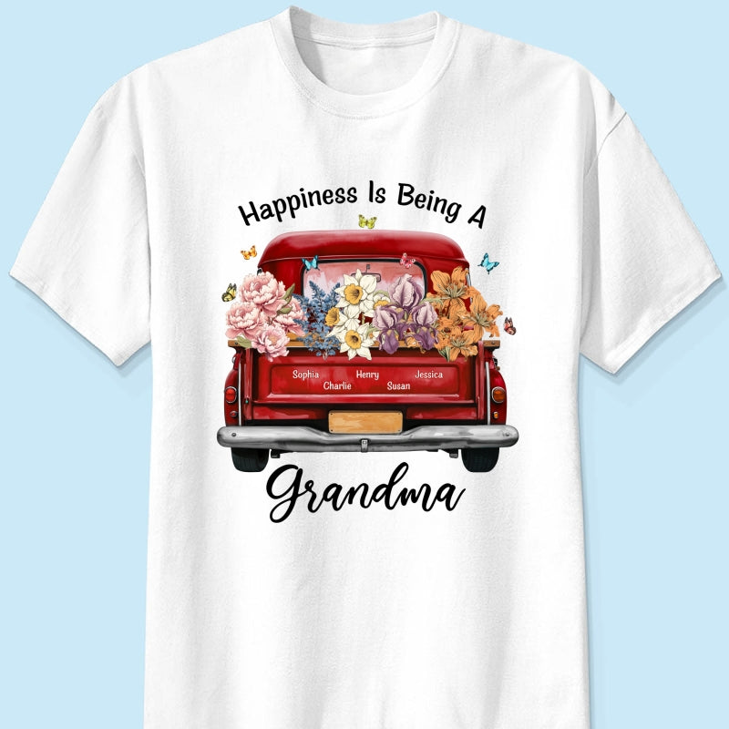 Happiness Is Being A Grandma Mom Birth Month Flowers Truck Personalized Shirt, Mother's Day gift for Moms, Grandmas