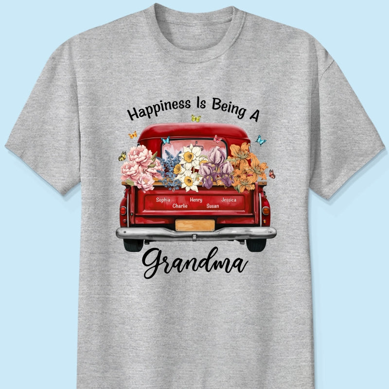 Happiness Is Being A Grandma Mom Birth Month Flowers Truck Personalized Shirt, Mother's Day gift for Moms, Grandmas