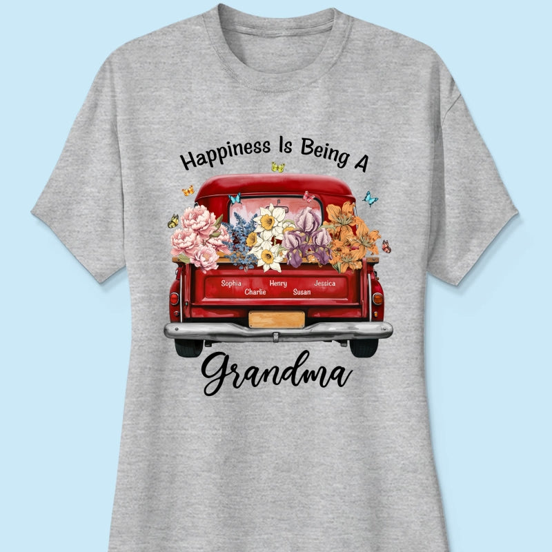 Happiness Is Being A Grandma Mom Birth Month Flowers Truck Personalized Shirt, Mother's Day gift for Moms, Grandmas