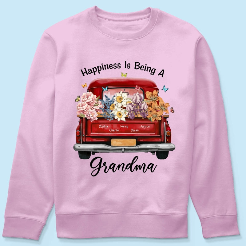 Happiness Is Being A Grandma Mom Birth Month Flowers Truck Personalized Shirt, Mother's Day gift for Moms, Grandmas