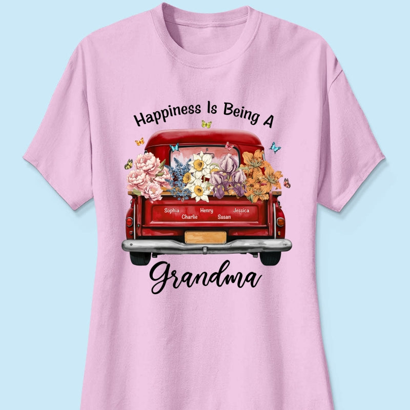 Happiness Is Being A Grandma Mom Birth Month Flowers Truck Personalized Shirt, Mother's Day gift for Moms, Grandmas