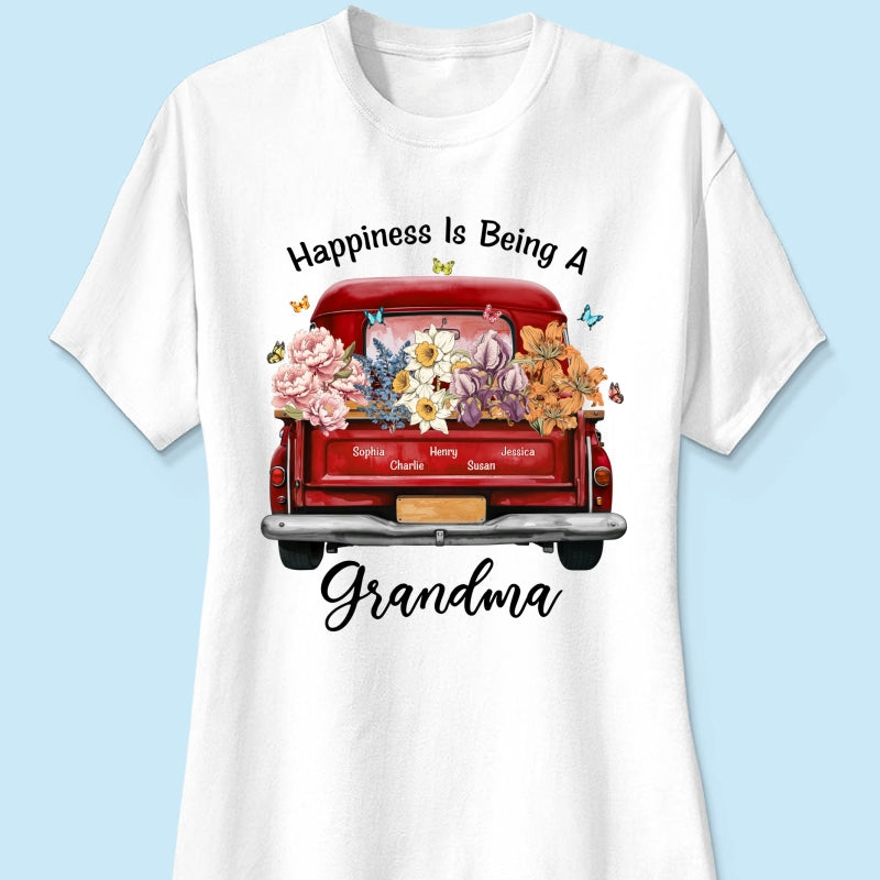 Happiness Is Being A Grandma Mom Birth Month Flowers Truck Personalized Shirt, Mother's Day gift for Moms, Grandmas