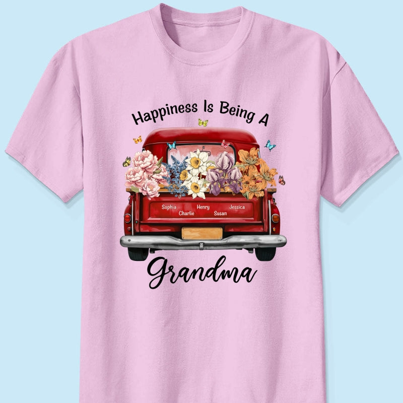 Happiness Is Being A Grandma Mom Birth Month Flowers Truck Personalized Shirt, Mother's Day gift for Moms, Grandmas