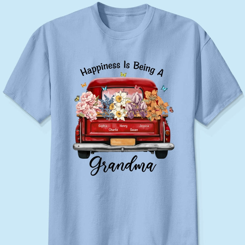 Happiness Is Being A Grandma Mom Birth Month Flowers Truck Personalized Shirt, Mother's Day gift for Moms, Grandmas