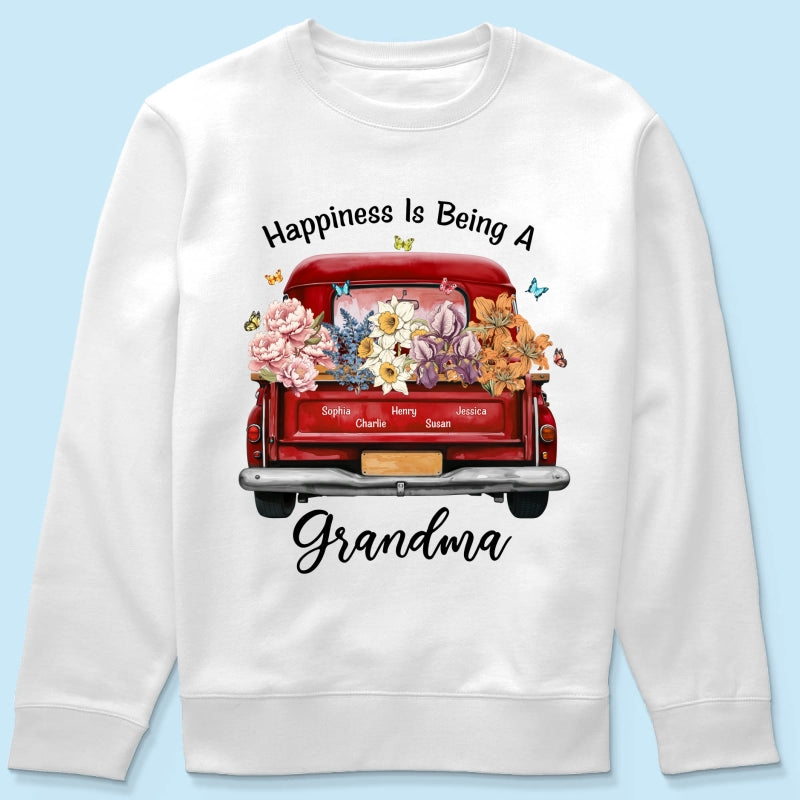 Happiness Is Being A Grandma Mom Birth Month Flowers Truck Personalized Shirt, Mother's Day gift for Moms, Grandmas