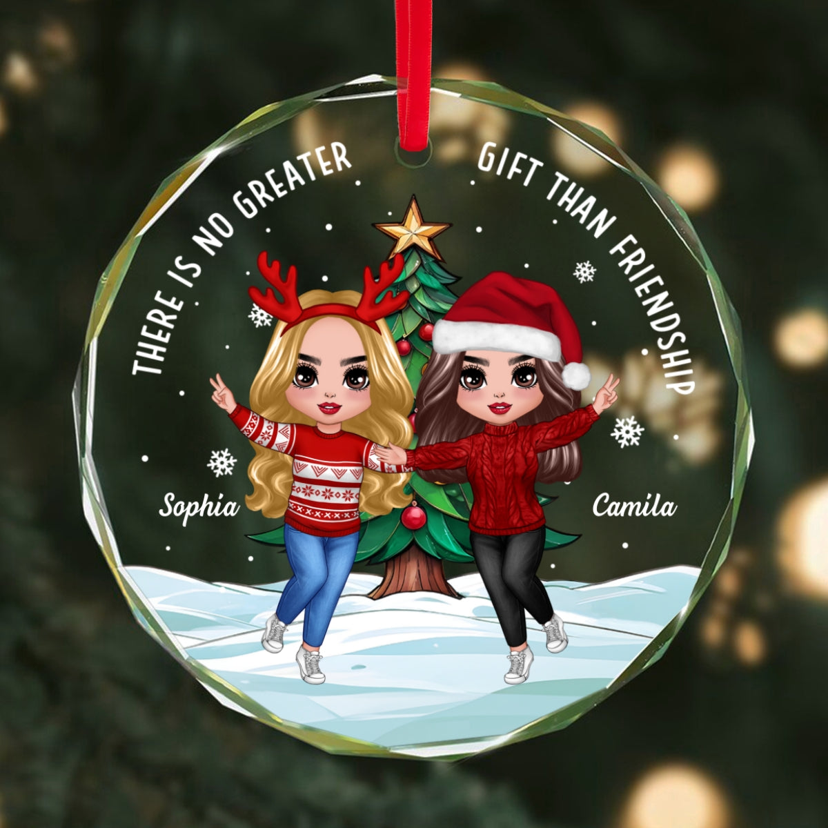 Happy Besties And Christmas Tree Personalized Glass Ornament, Christmas Gift For Him, For Her